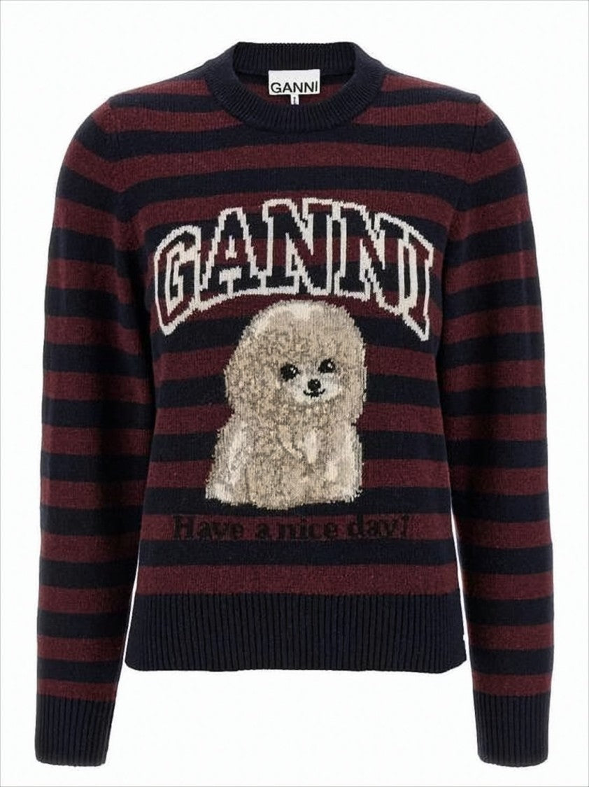 Horizontal Stripe Knit Sweater with Playful Dog Graphic