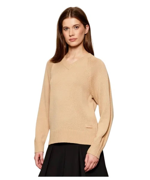 Knit Sweater with V-Neckline and Ribbed Details