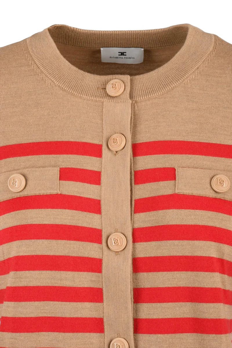 Short Crew Neck Cardigan - Beige/Red