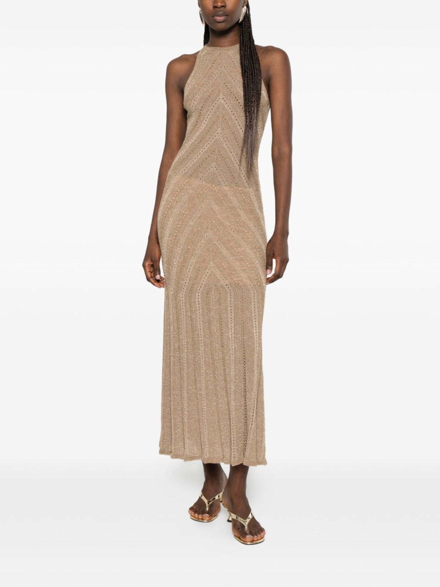 Geometric Textured Knit Midi Dress with High Neckline