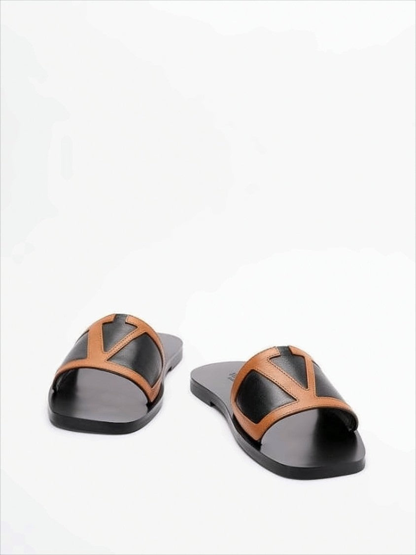 Leather Slide Sandals with Distinctive 'V' Design