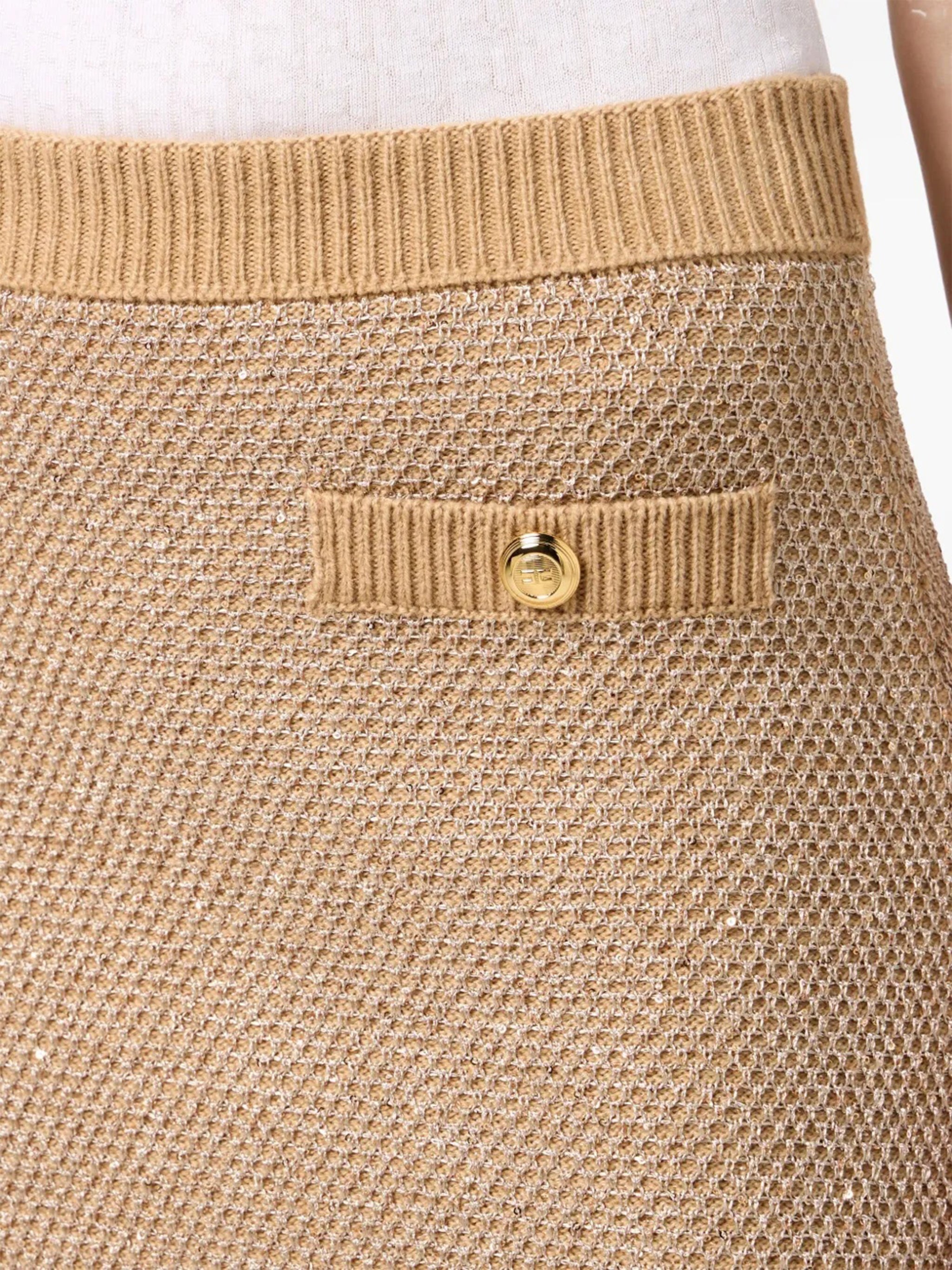 Beige Textured Knitted Button Mini Skirt