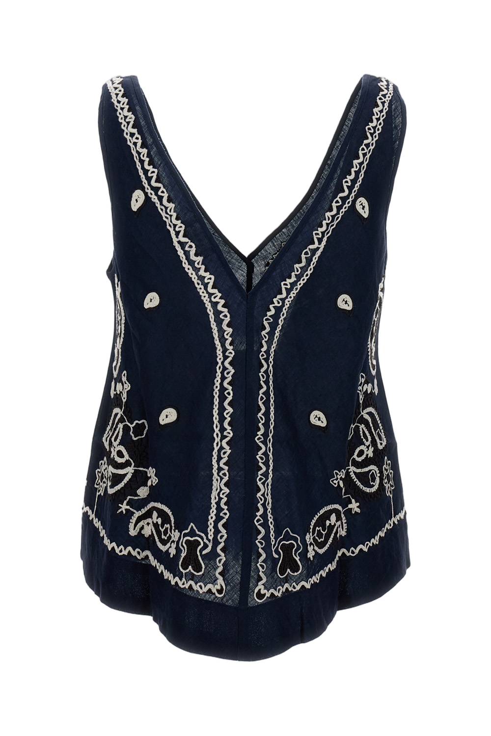 Intricately Embroidered Blue Linen Top with V-Neckline