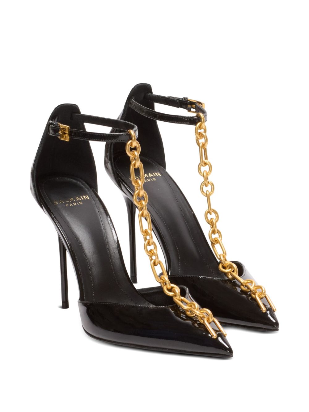 Glossy Pointed-Toe Pumps With Gold Chain Detailing