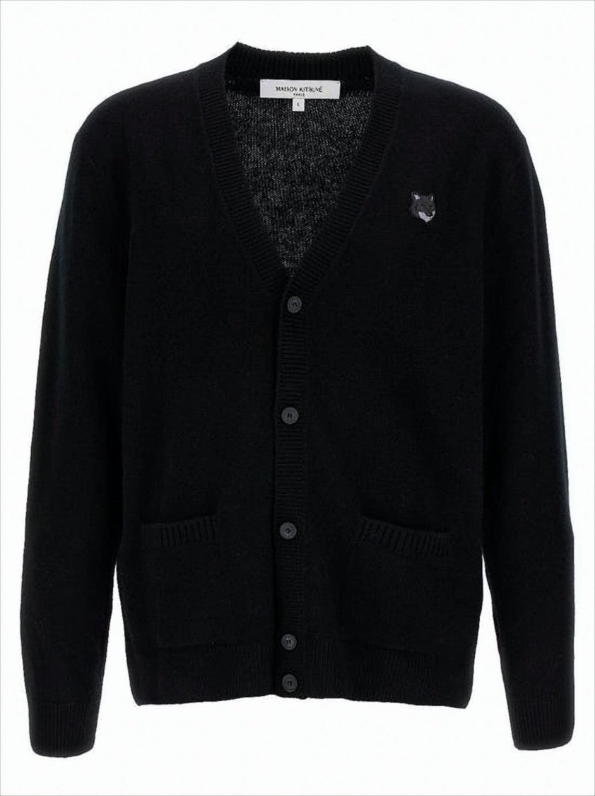 Classic V-Neck Black Cardigan With Embroidered Logo