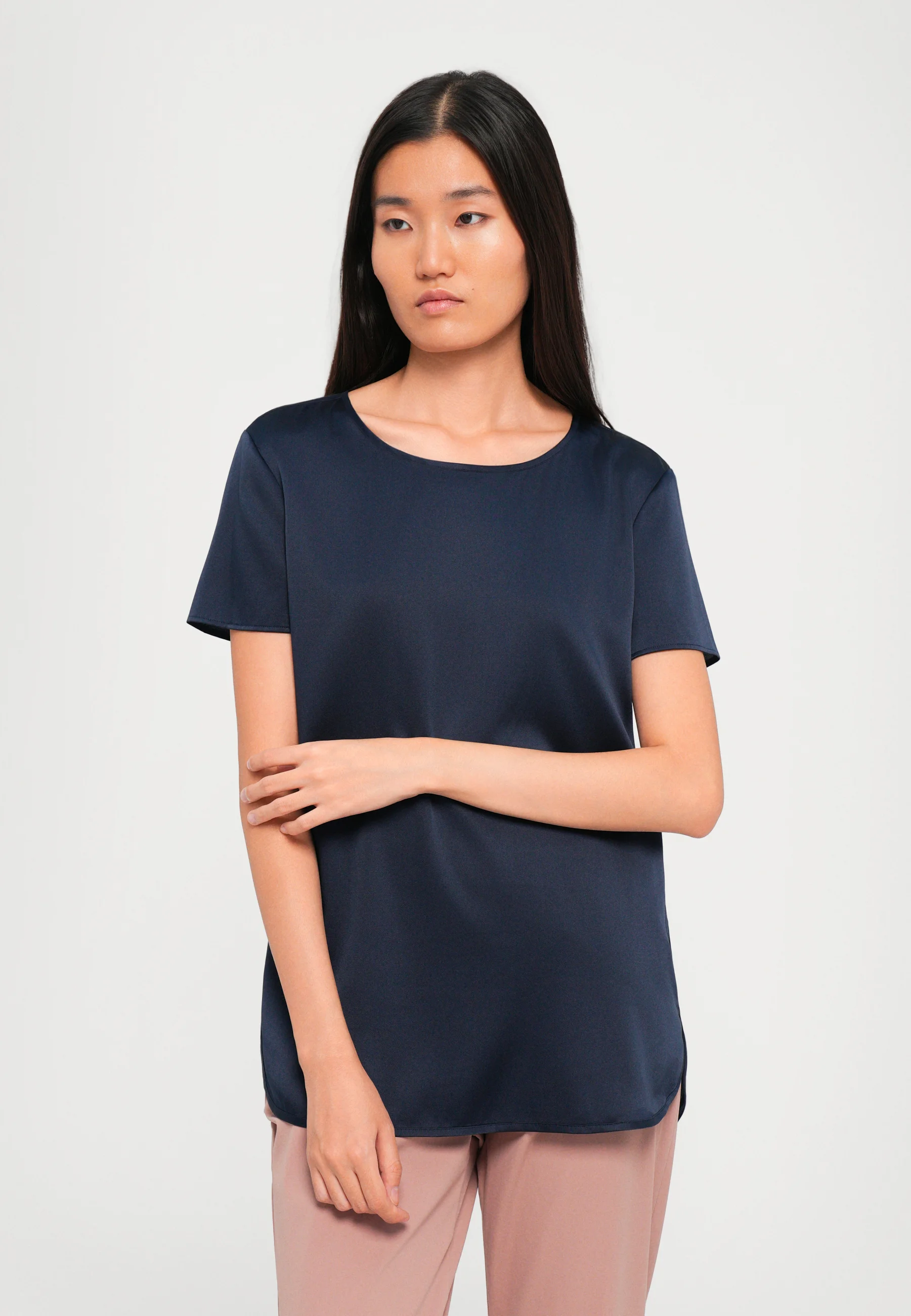 Smooth Satin Short-Sleeved Top with Classic Round Neckline