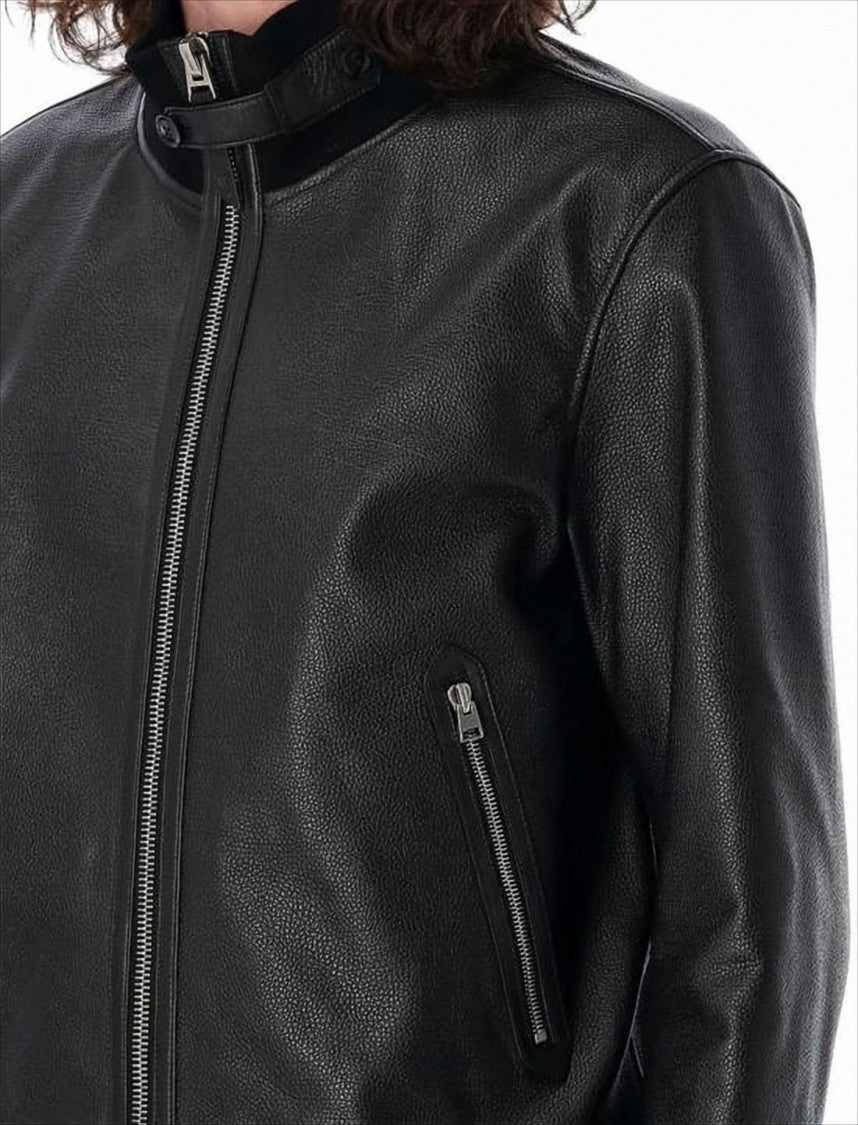 Black Leather Jacket with Ribbed Cuffs