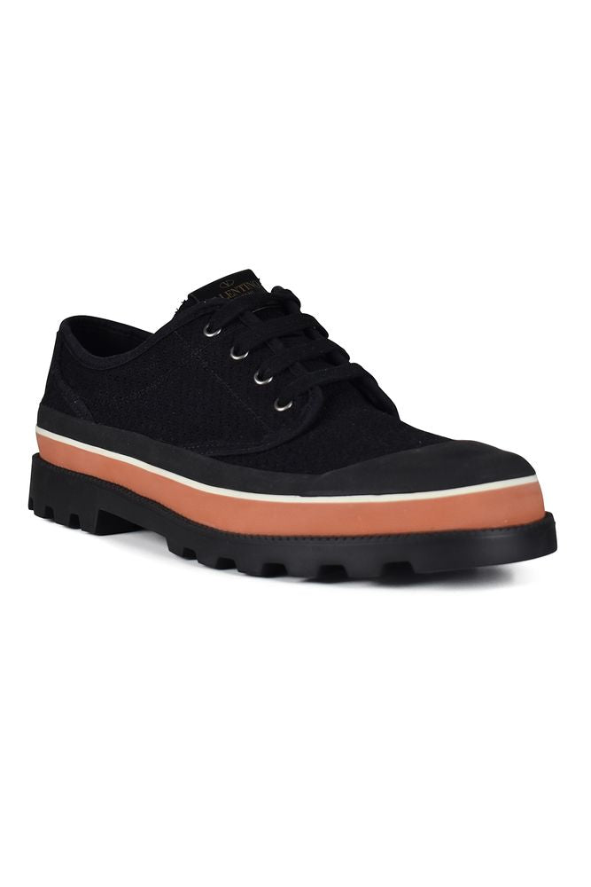 Perforated Black Canvas Lace-Up Shoes
