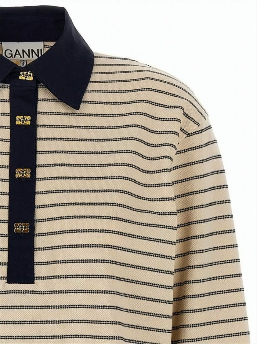 Boxy Striped Long-Sleeved Top with Gold-tone Accents