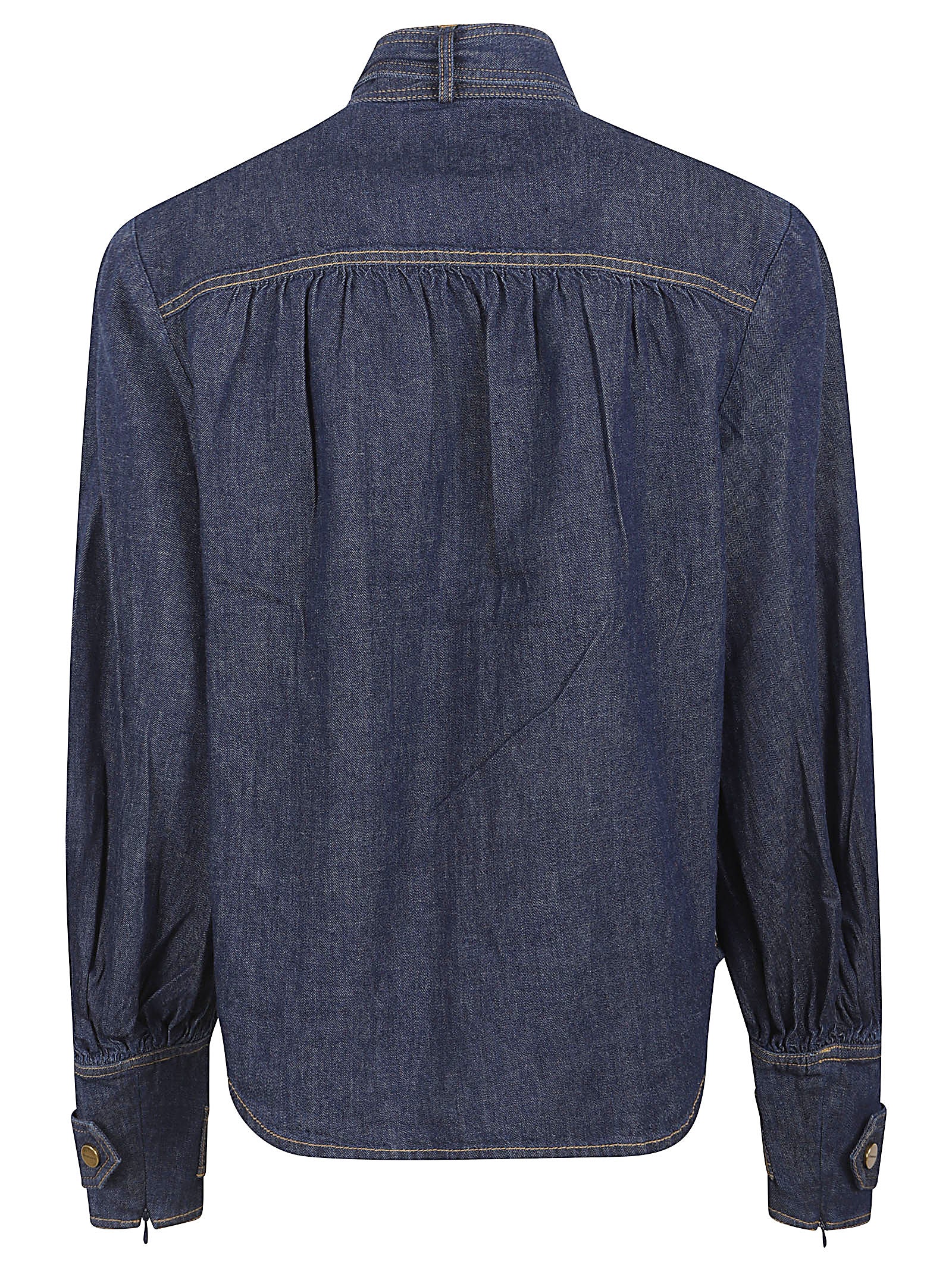 Dark Denim Shirt with Bow Neckline