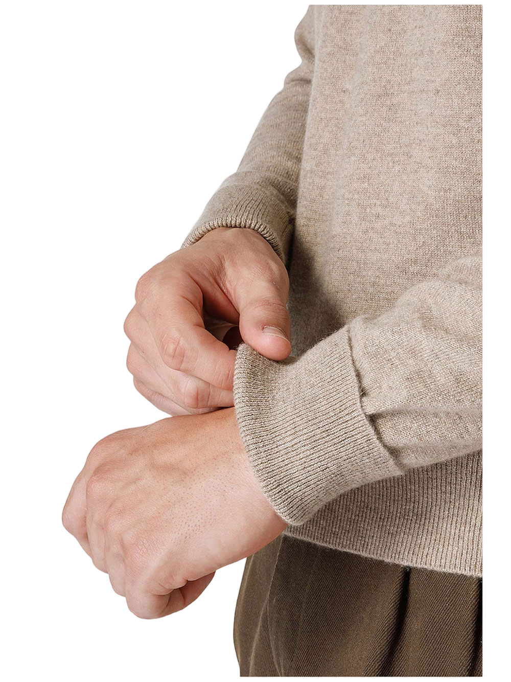 Beige Crew Neck Cashmere Ribbed Sweater