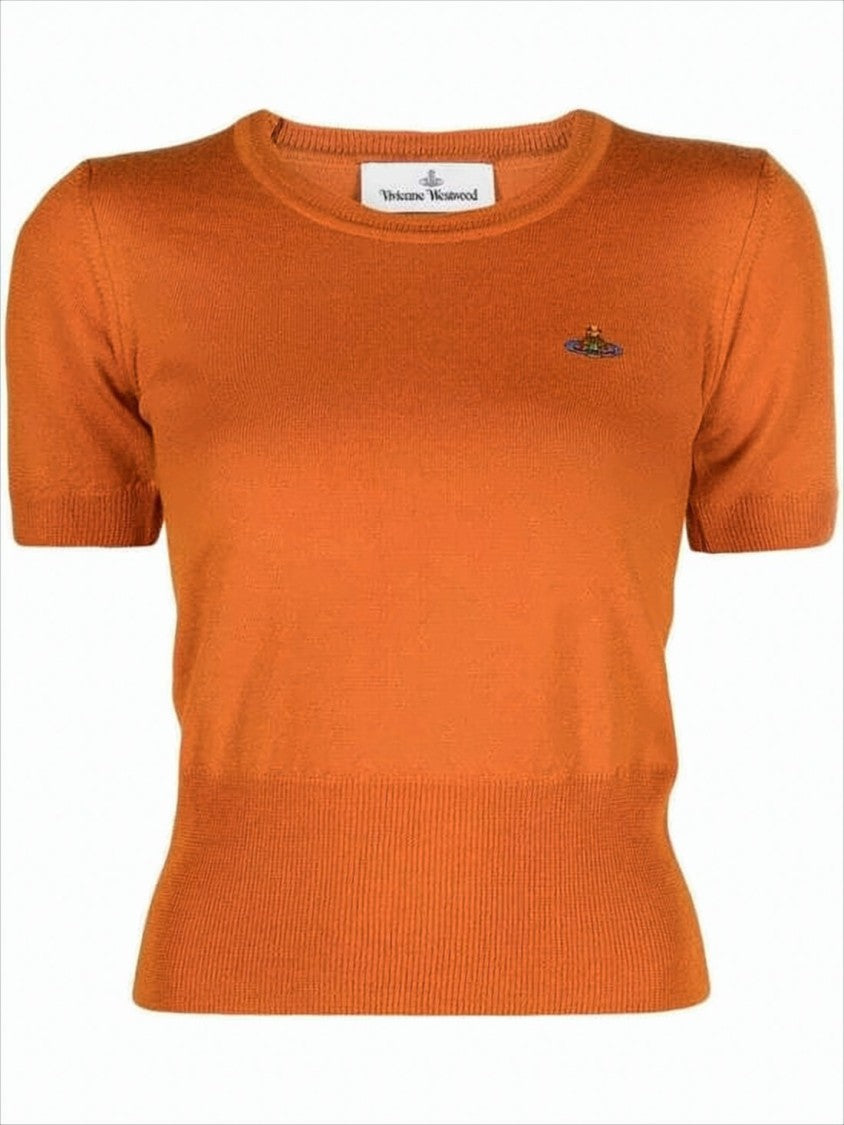 Fitted Short-Sleeved Wool Sweater with Embroidered Emblem