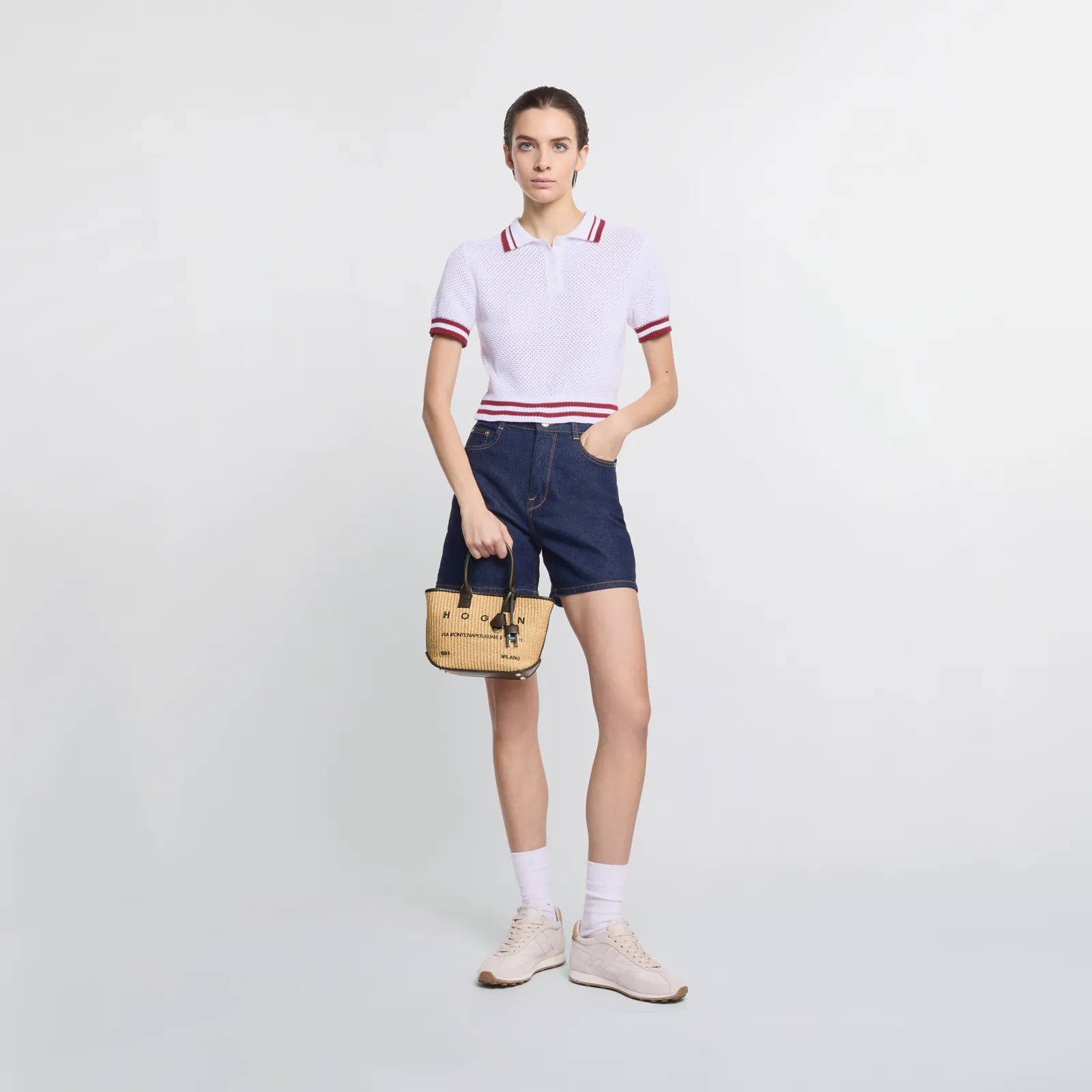 Beige Address Shopping Mini Raffia Shopping Bag