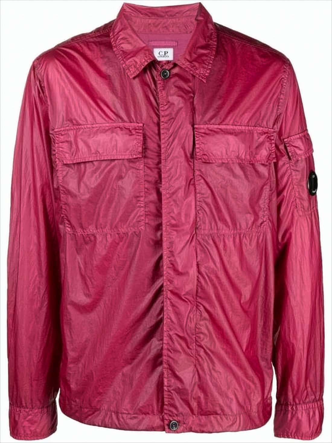 Shiny Crinkled Texture Jacket With Classic Collar And Logo Patch