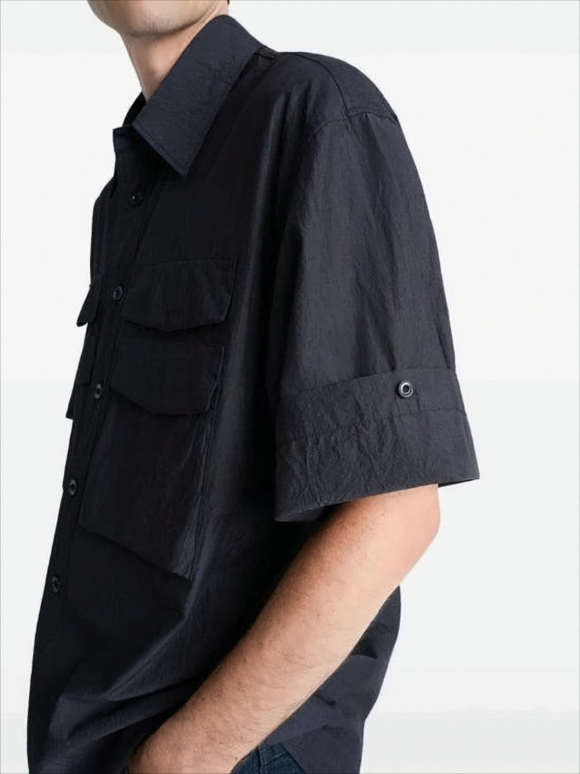 Boxy Black Button-Down Shirt with Flap Pockets