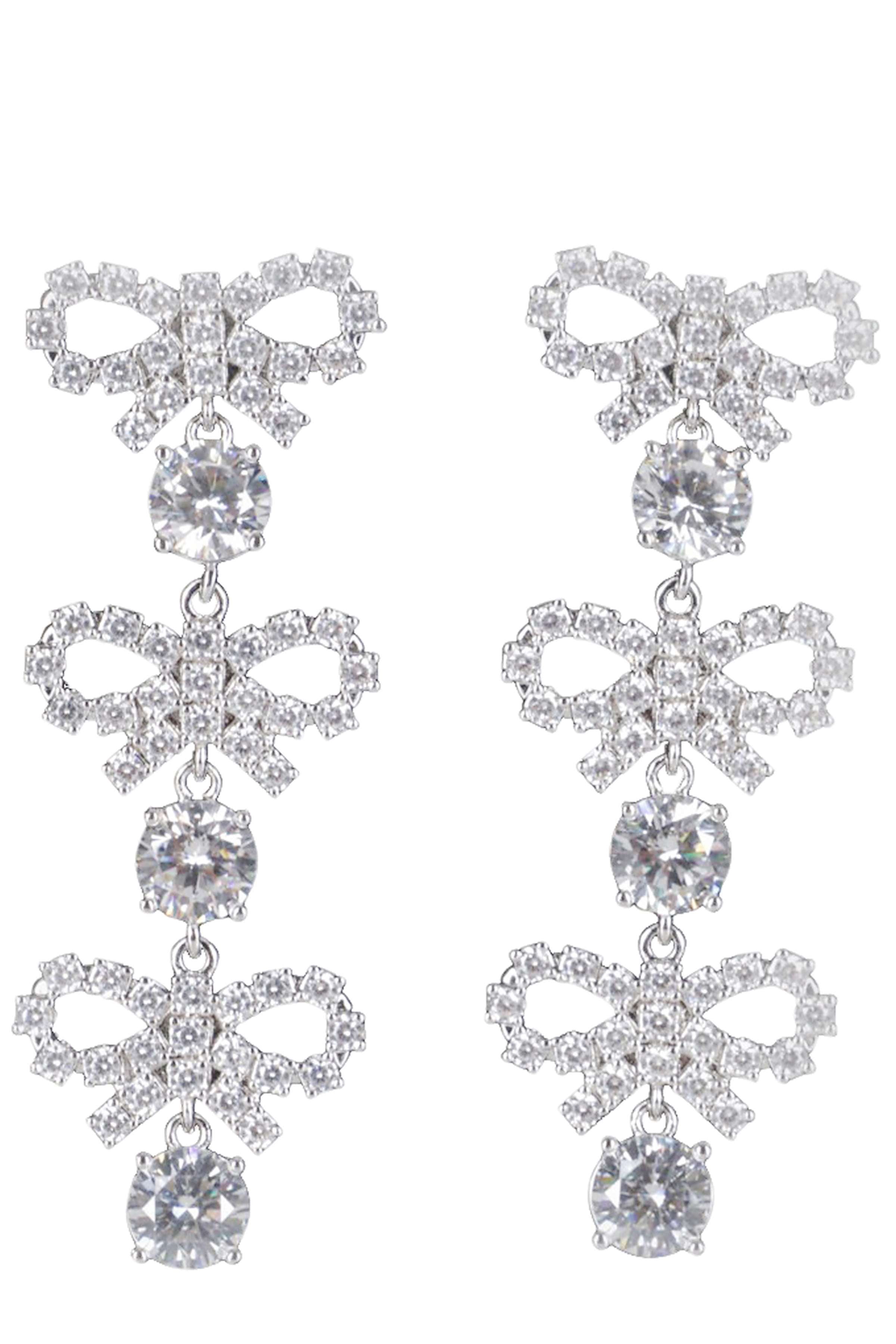 Silver Bow Crystal Tiered Earrings