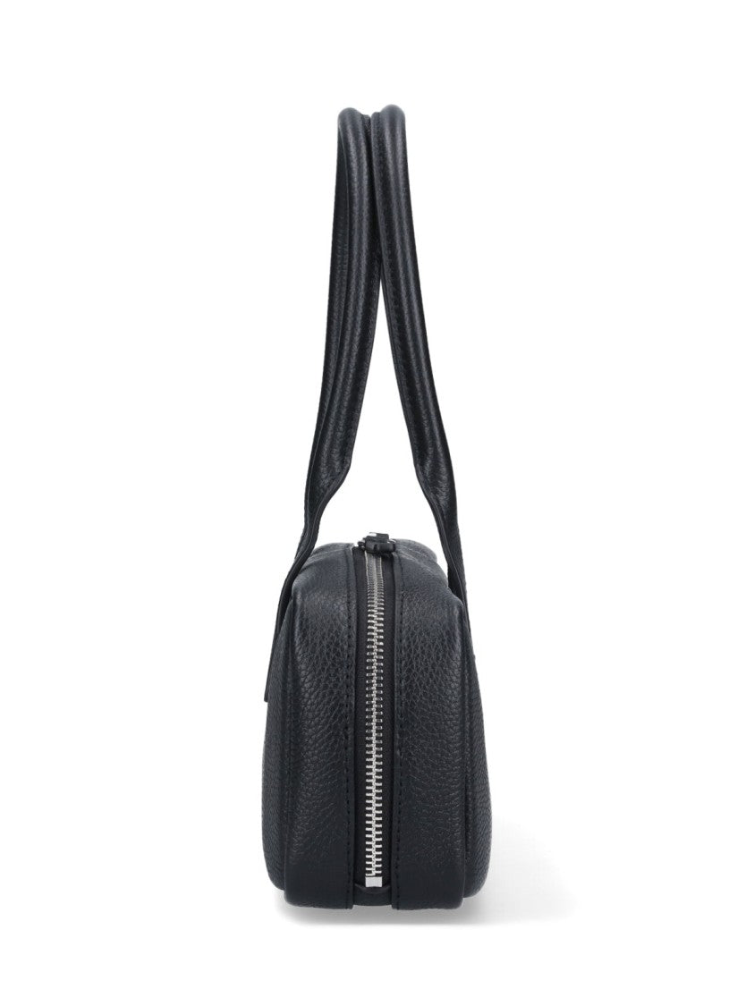Textured Black Leather Shoulder Bag With Dual Zip Closure