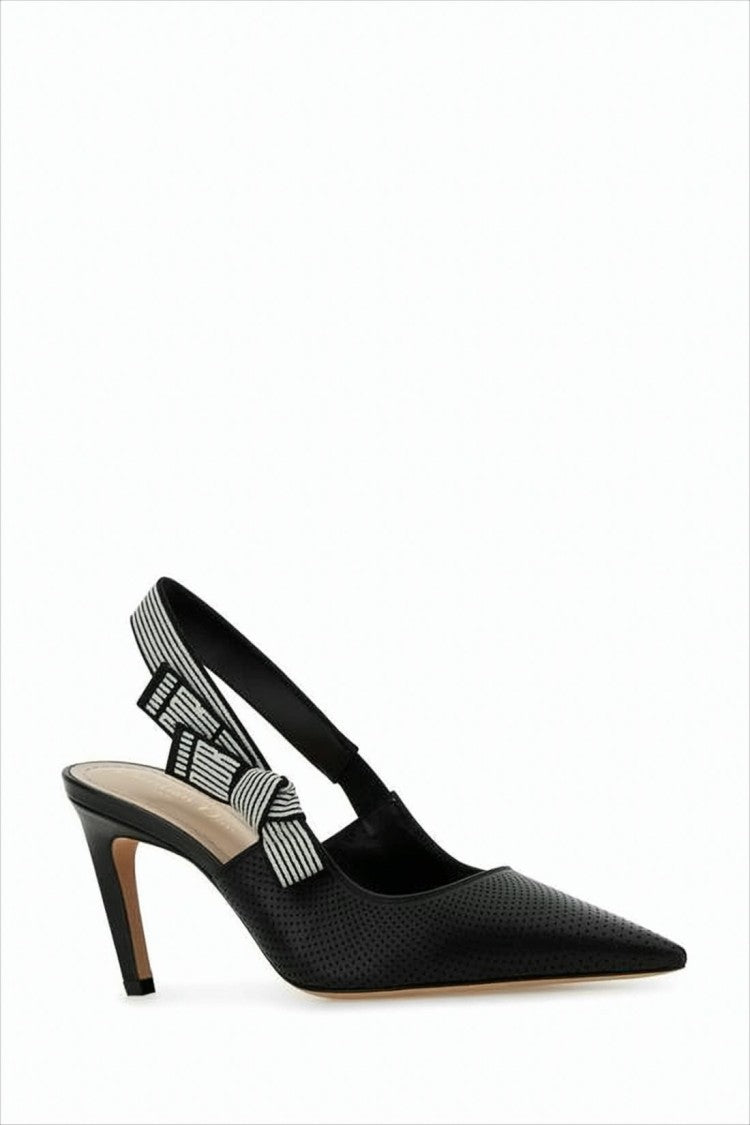 Perforated Leather Pumps With Striped Slingback And Bow Detail
