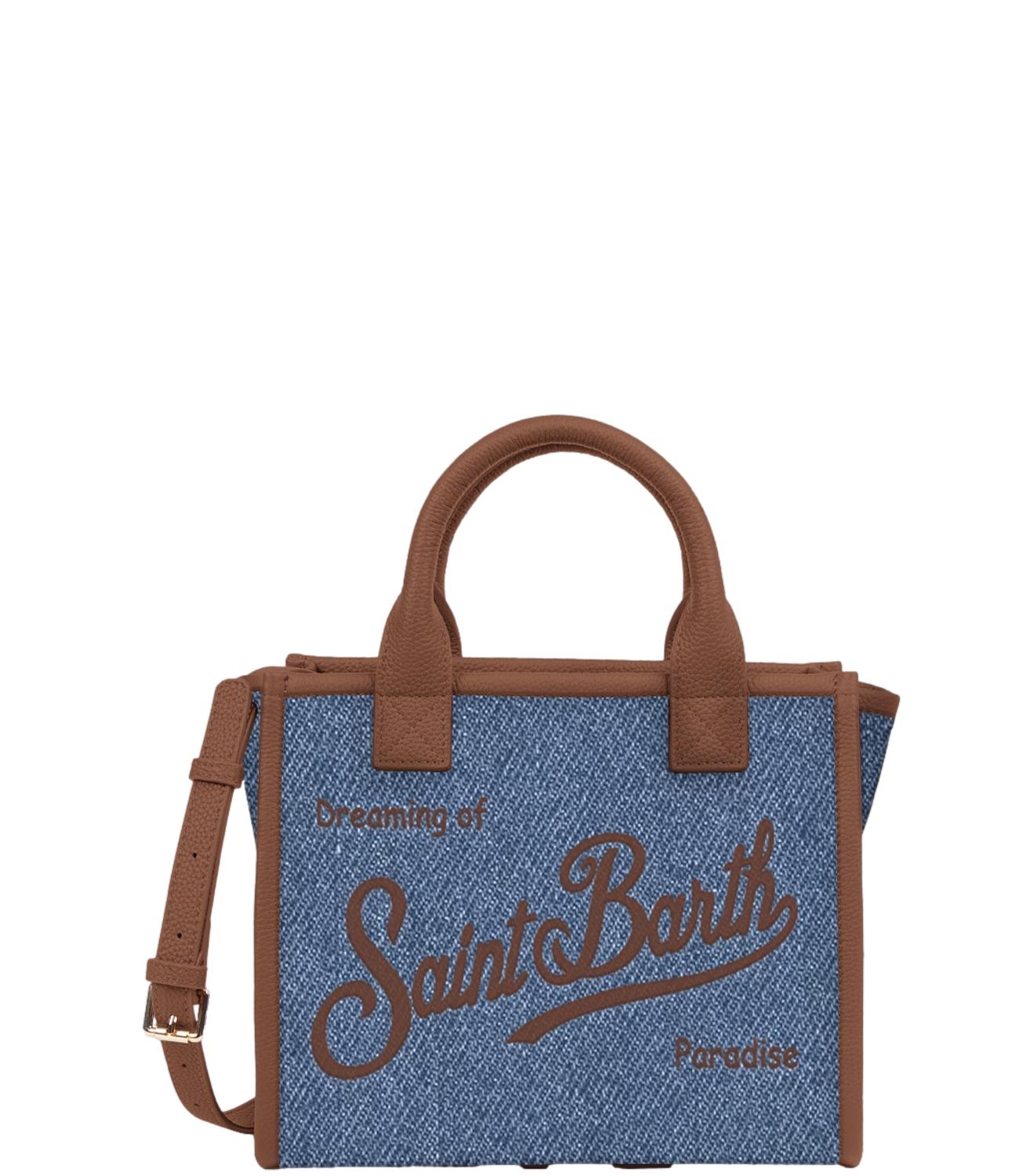 Textured Blue Tote Bag with Brown Leather Trim