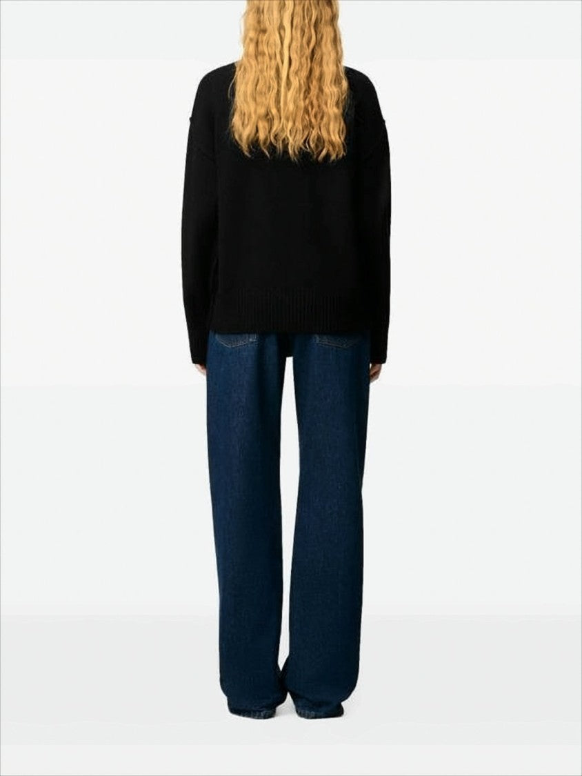 Relaxed Fit Black Wool Sweater With Heart Emblem