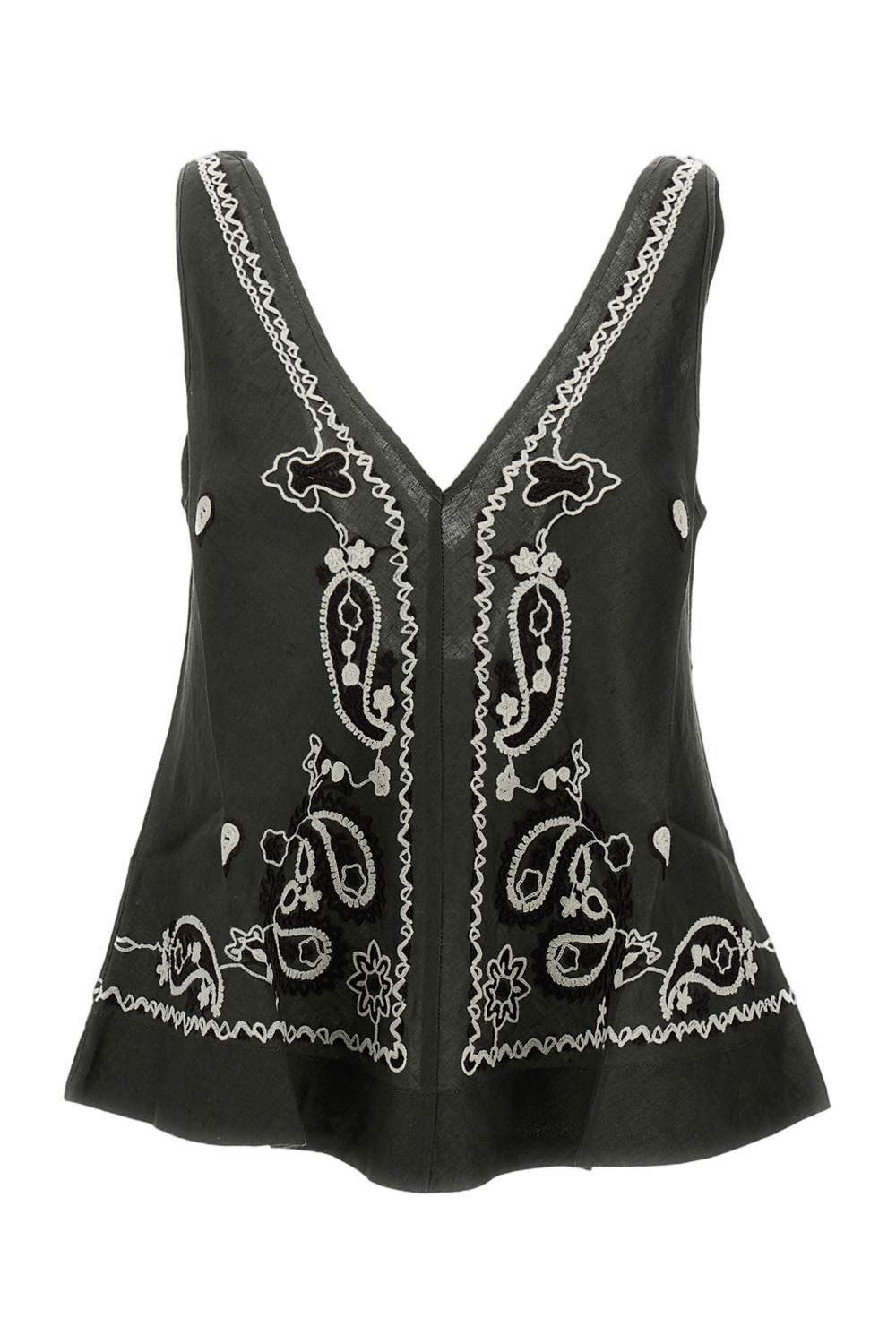 Intricate Embroidered Linen Top with V-Neckline