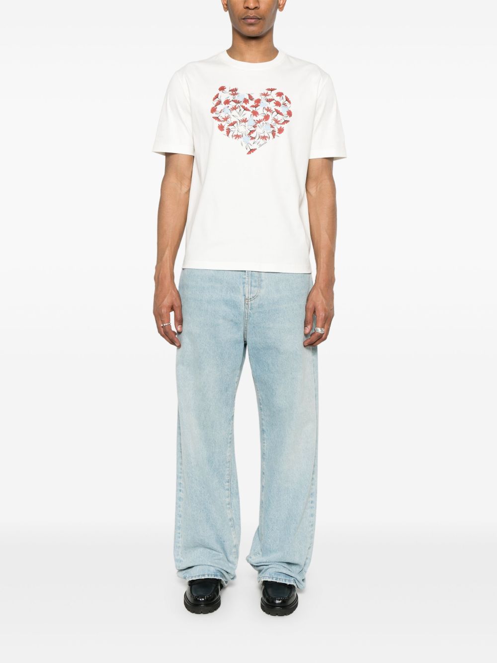 Heart-Embellished Crew Neck T-Shirt in Light Beige