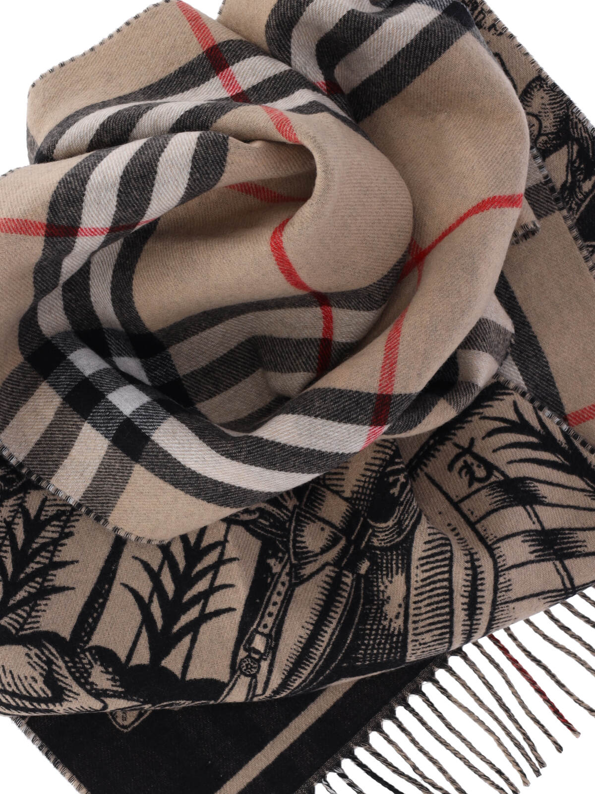 Beige Reversible Check Print Cashmere Scarf