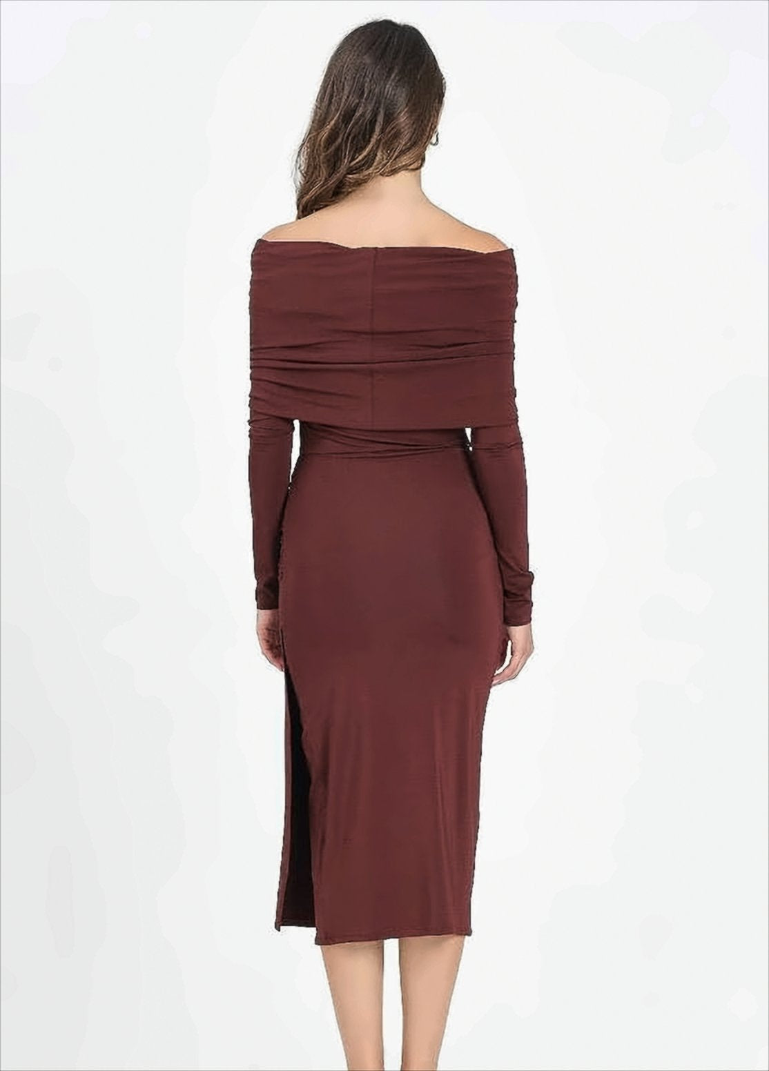 Burgundy Jersey Midi Dress With Asymmetrical Gathering