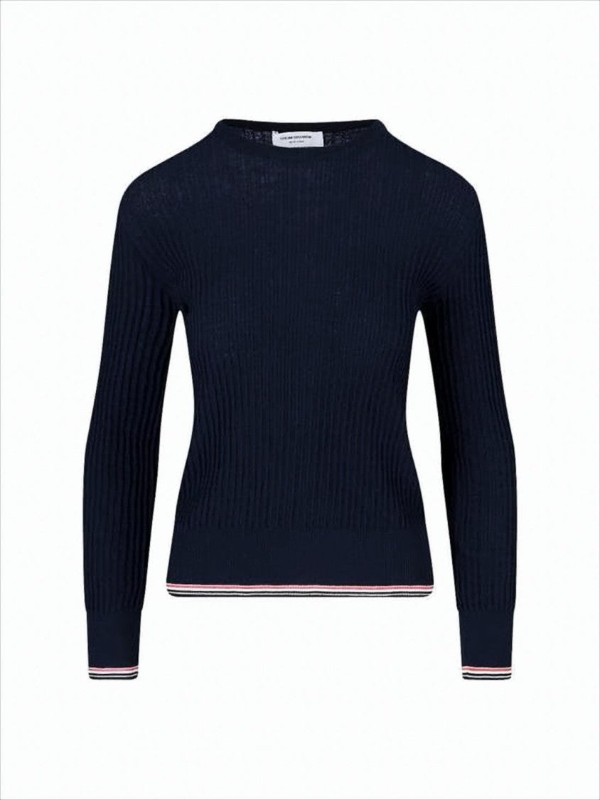 Ribbed Knit Sweater with Tricolor Stripe Trim