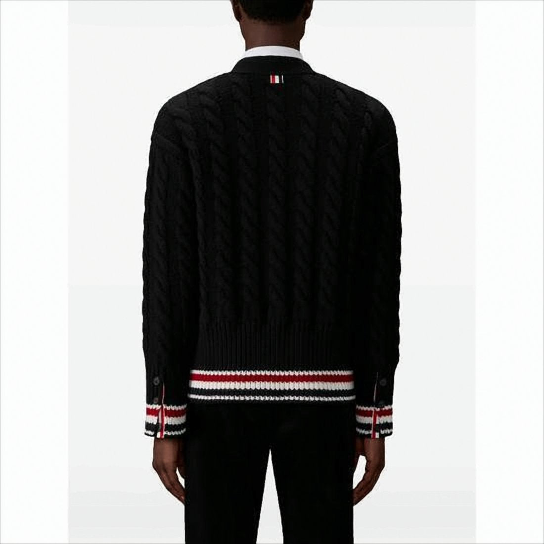 Classic Cable Knit Cardigan with Tricolor Accents