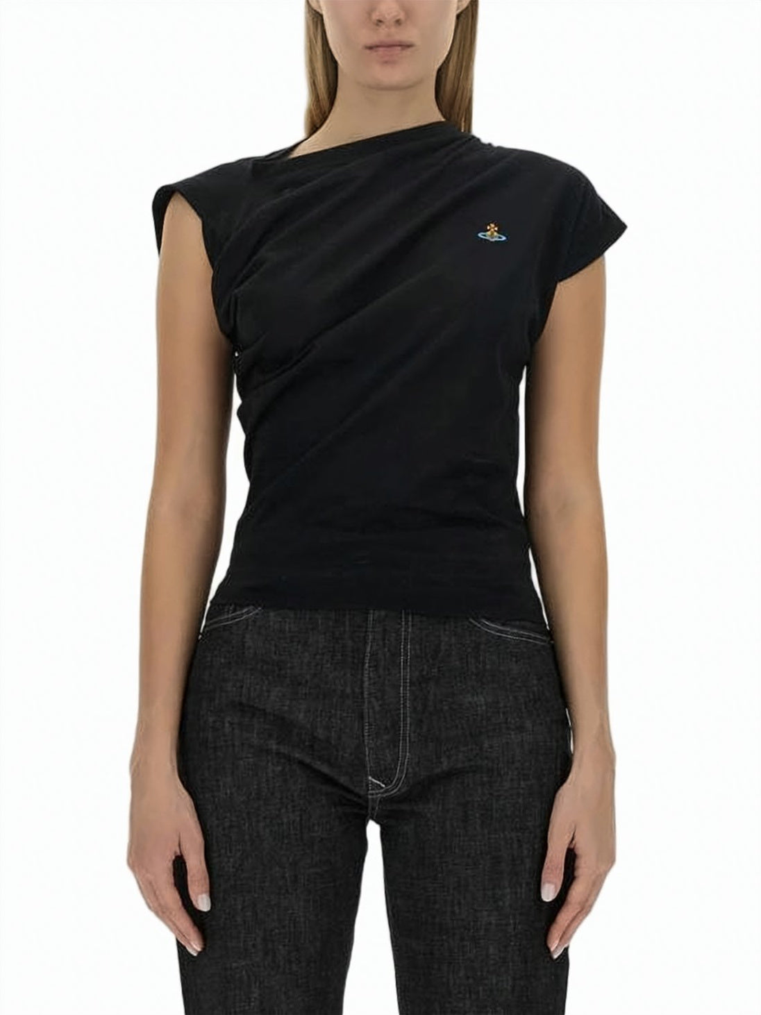 Structured Black Short-Sleeved Top with Padded Shoulders