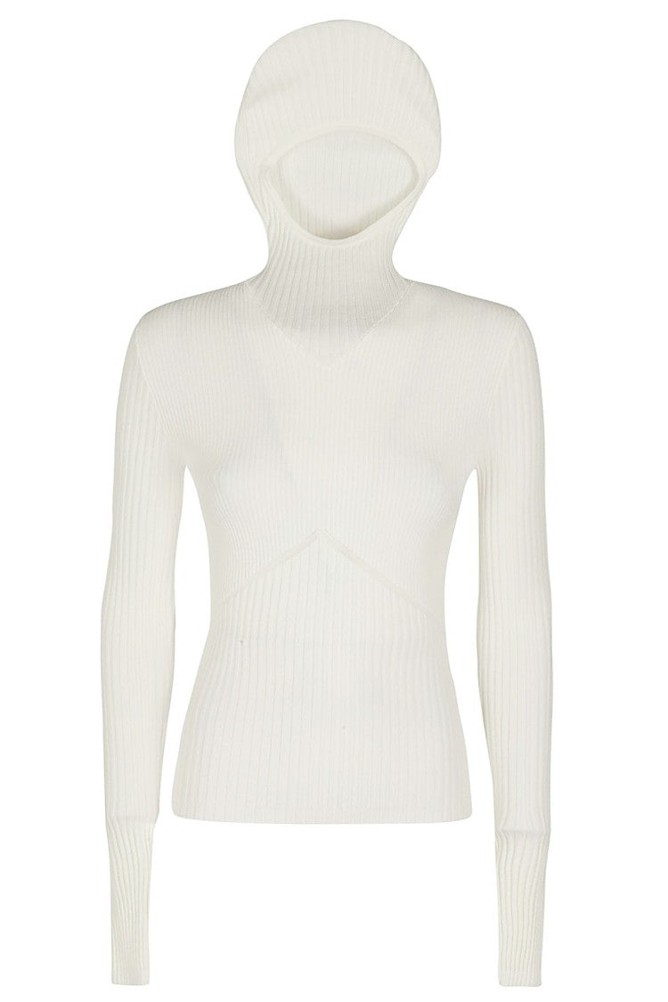 Ivory Ribbed Knit Hoodie Top With High Neckline
