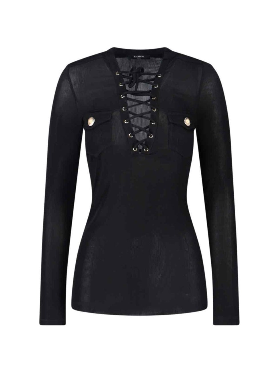 Fitted Black Sweater With Lace-Up V-Neckline
