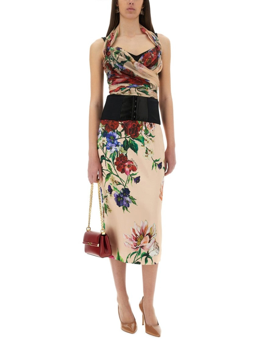 Flower Print Satin Midi Pencil Skirt