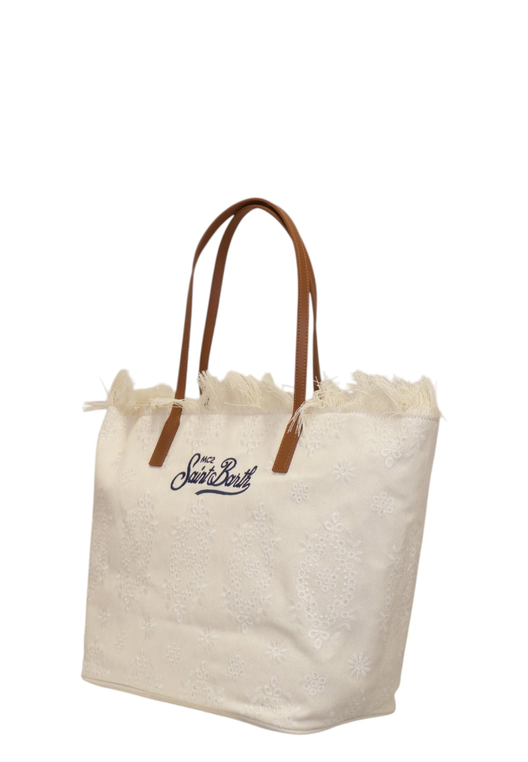 Textured Floral Tote Bag with Leather Handles