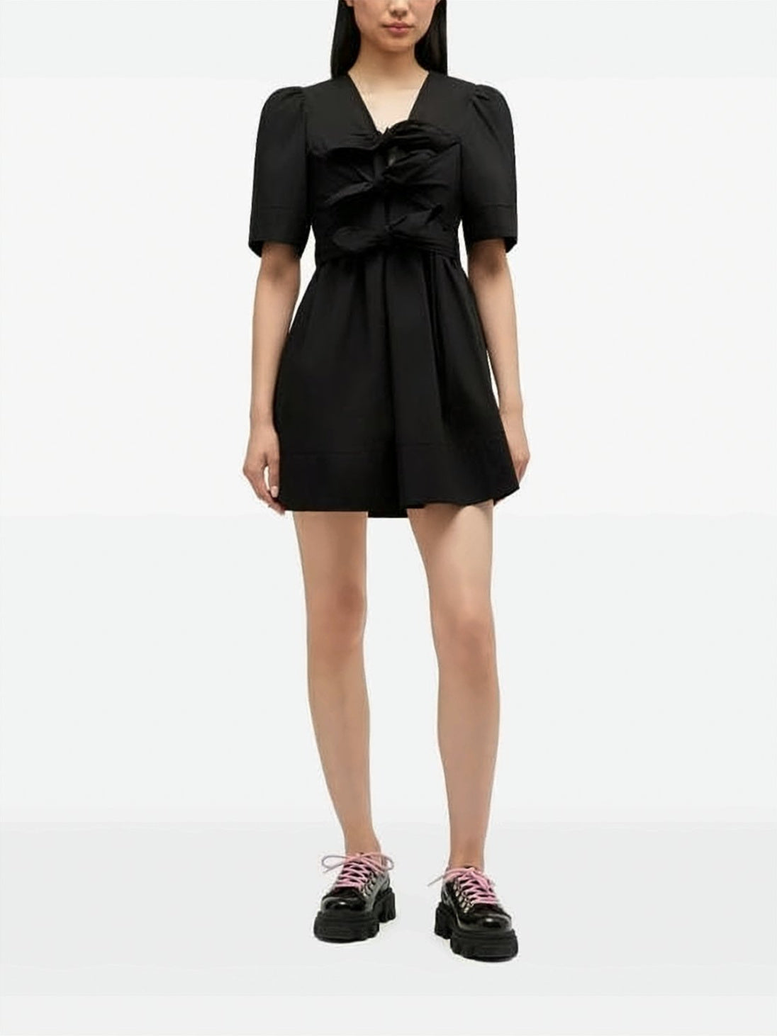 Mini Dress with Deep V-Neckline and Bow Detail