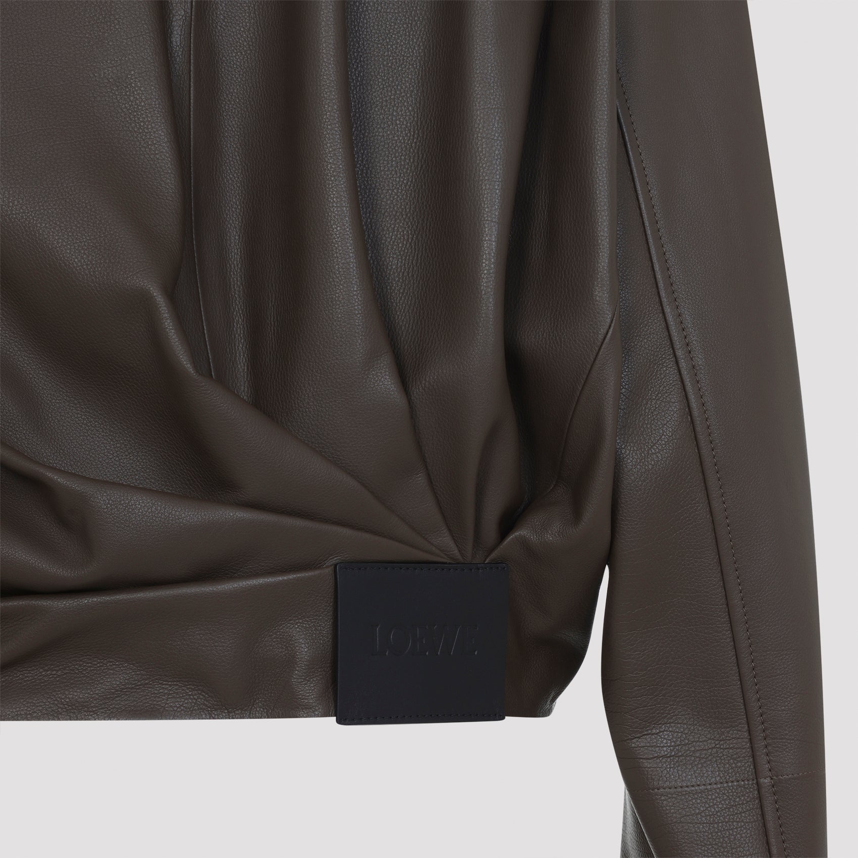 Cropped Calfskin Leather Jacket With Gathered Hem