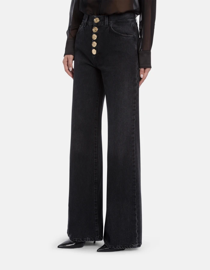 Wide-Leg Jeans with Ornate Gold Button Detailing