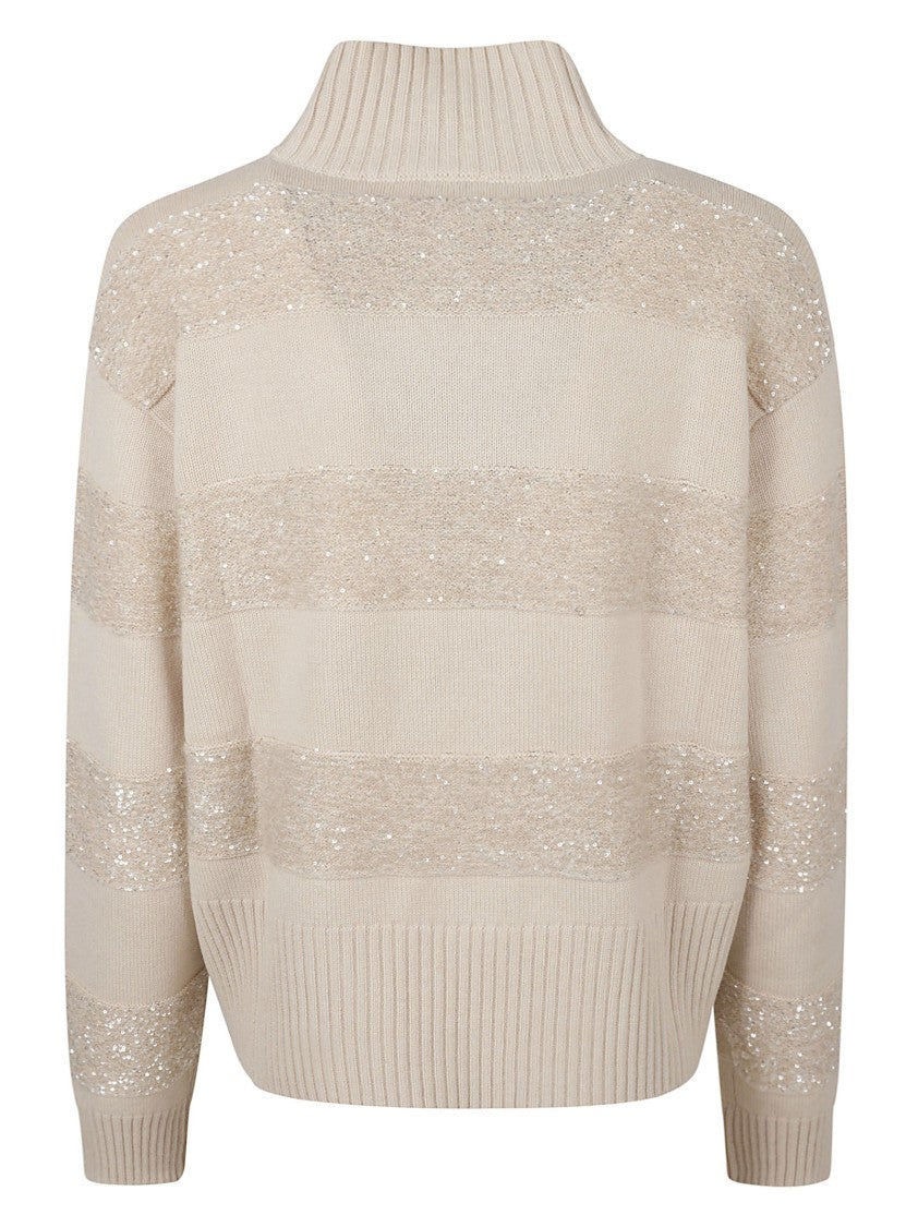 High-Neck Knit Sweater With Textured Stripes