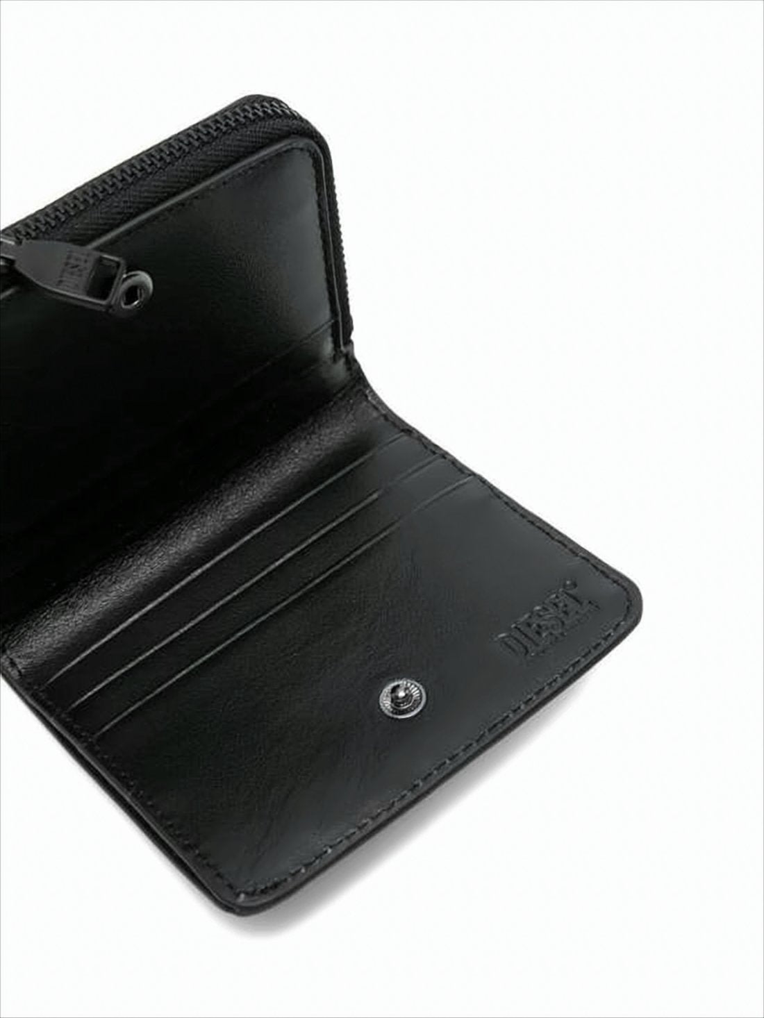 Compact Black Calfskin Wallet with Zip-Around Closure