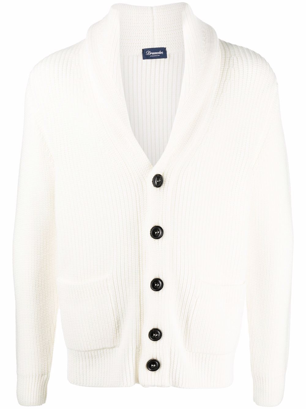 Rib Stitch White Cardigan With Shawl Collar