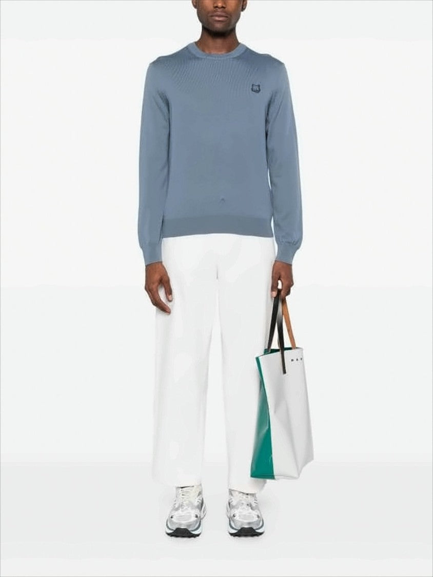 Muted Blue Fine Wool Sweater With Embroidered Fox Emblem