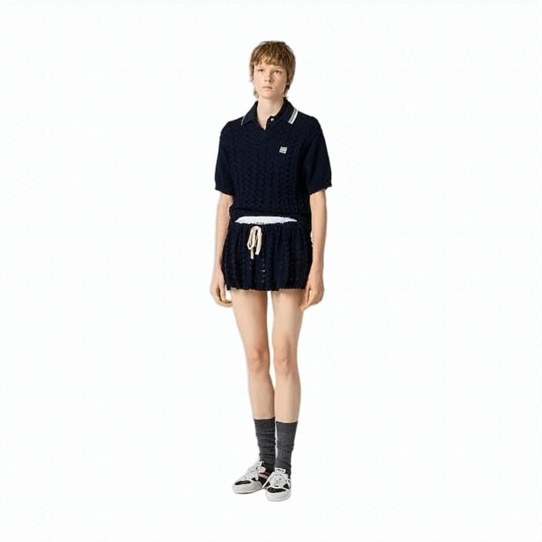 Textured Knit Short-Sleeved Sweater With Polo Collar