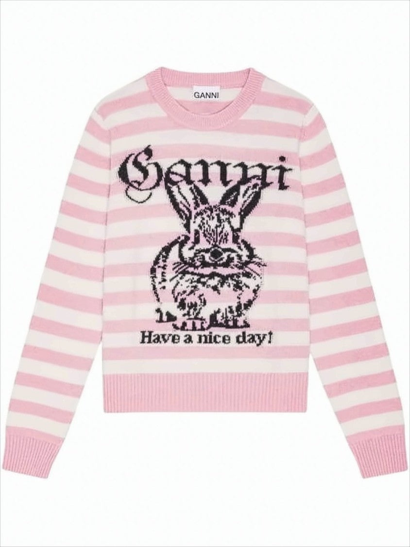 Playful Pastel Knit Sweater With Bunny Graphic