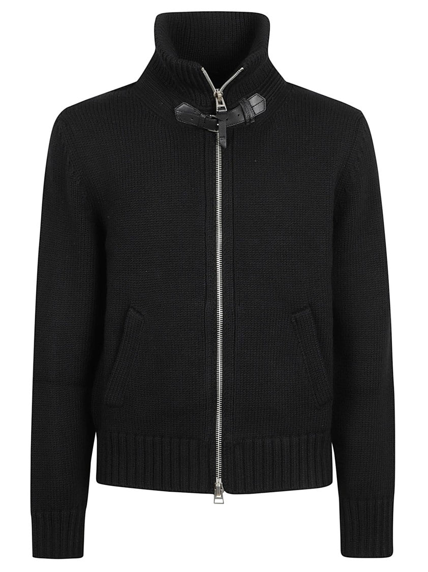 Black Wool Cardigan With High Collar