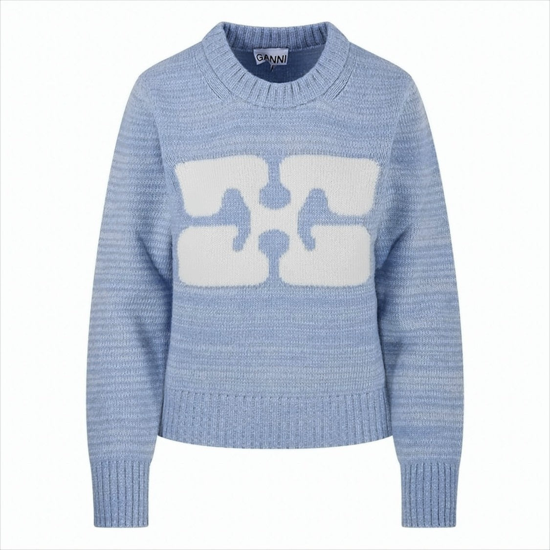 Textured Blue Wool Blend Pullover Sweater with Abstract Graphic