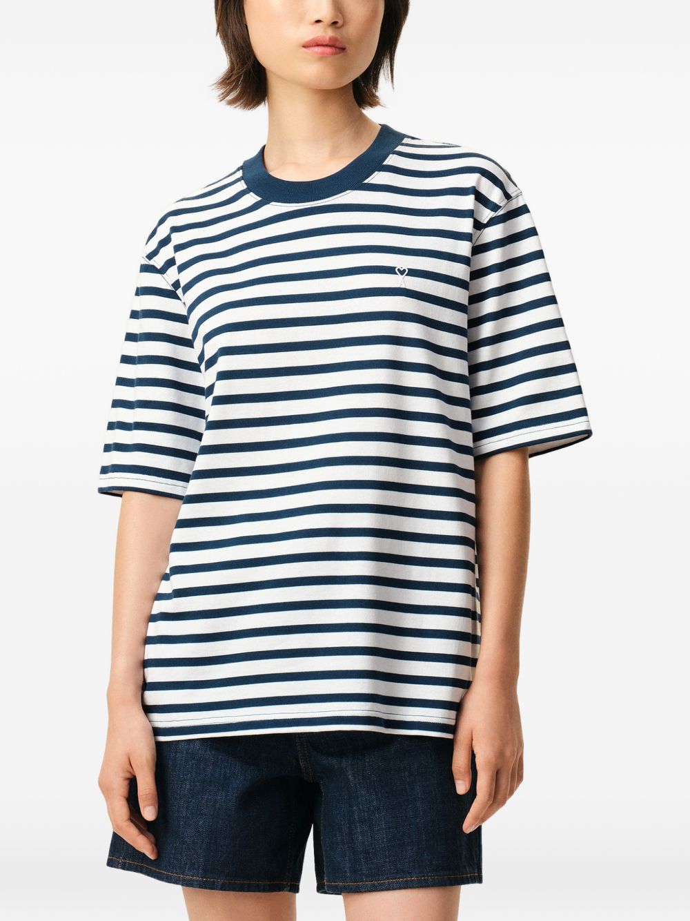 Blue/White Cotton Striped Embroidered T-Shirt