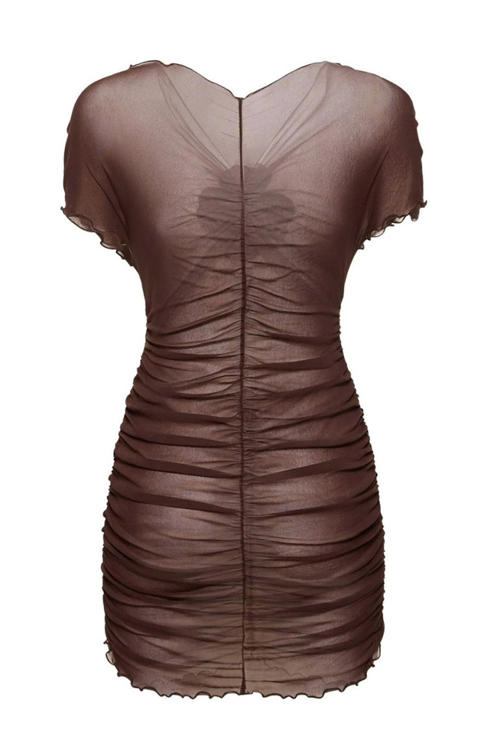 Ruched Mini Dress With Floral Detail And Sheer Overlay