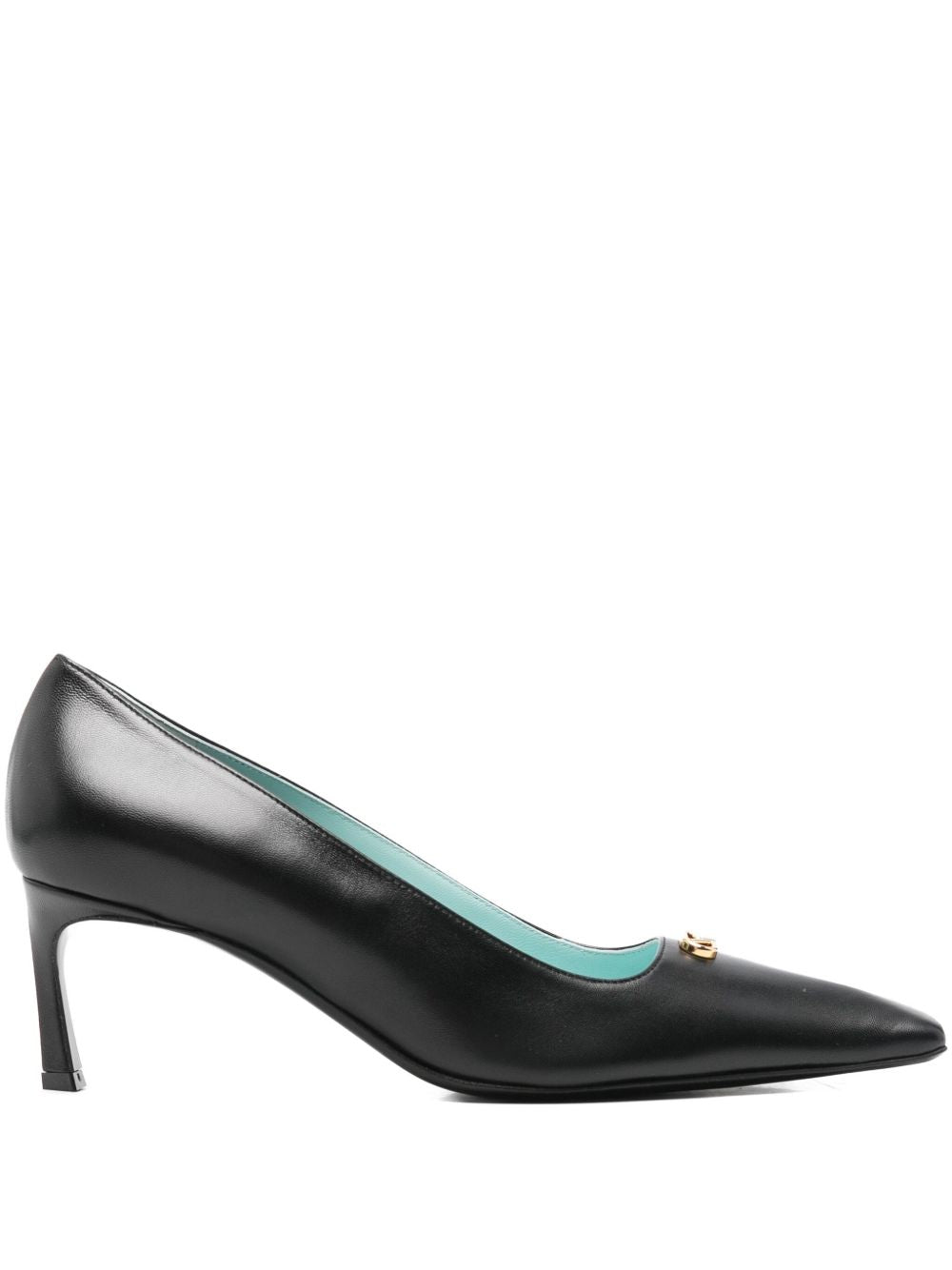 Pointed-Toe Black Pumps with Gold-Tone Detail