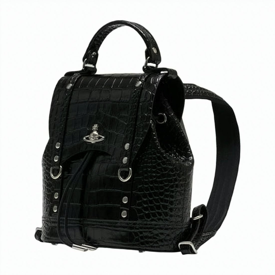 Crocodile-Embossed Leather Backpack with Orb Emblem